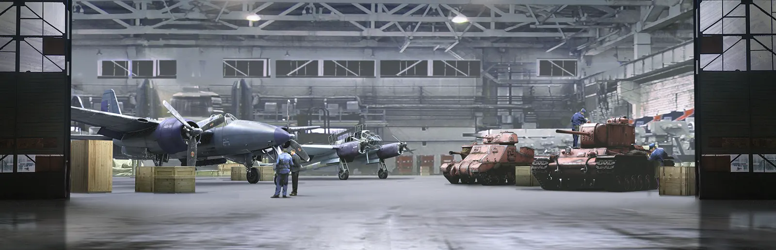 Aircraft and tanks in a hangar