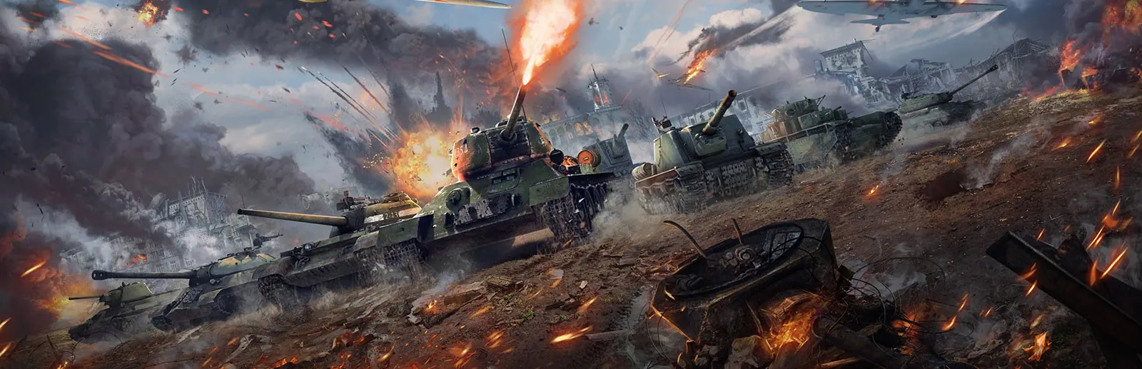 Tanks charging through a battlefield